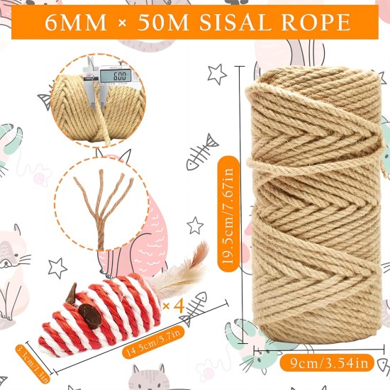 Sisal Rope 6 mm/50 m for Cat Scratching Post Replacement, Natural Jute Rope with 2 Cat Toys Sisal Balls/4 Sisal Mice, Thick Natural Hemp Rope, Long Scratching Rope for DIY Packaging/Paw Balls/Garden Sisal Rope 6 mm/50 m for Cat Scratching Post Replacement, Natural Jute Rope with 2 Cat Toys Sisal Balls/4 Sisal Mice, Thick Natural Hemp Rope, Long Scratching Rope for DIY Packaging/Paw Balls/Garden