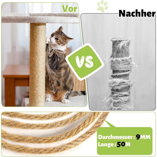 Sisal Rope, 9 mm x 50 m Natural Sisal Rope for Scratching Posts, Natural Sisal Rope Including 3 Cat Toys, Sisal Rope for Scratching Post, Multi-Purpose Sisal Rope for Scratching Rope, Household Sisal Rope, 9 mm x 50 m Natural Sisal Rope for Scratching Posts, Natural Sisal Rope Including 3 Cat Toys, Sisal Rope for Scratching Post, Multi-Purpose Sisal Rope for Scratching Rope, Household
