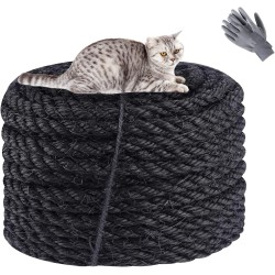 Sisal Rope for Cats, Natural Sisal Rope for Scratching Post 8 mm x 25 m + 1 Grey Pair of Protective Gloves, Black Sisal Rope for Repair and Replacement, Suitable for Garden Decoration, Cat Tree, Cat Sisal Rope for Cats, Natural Sisal Rope for Scratching Post 8 mm x 25 m + 1 Grey Pair of Protective Gloves, Black Sisal Rope for Repair and Replacement, Suitable for Garden Decoration, Cat Tree, Cat