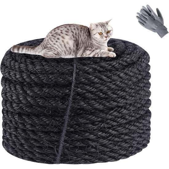 Sisal Rope for Cats, Natural Sisal Rope for Scratching Post 8 mm x 25 m + 1 Grey Pair of Protective Gloves, Black Sisal Rope for Repair and Replacement, Suitable for Garden Decoration, Cat Tree, Cat Sisal Rope for Cats, Natural Sisal Rope for Scratching Post 8 mm x 25 m + 1 Grey Pair of Protective Gloves, Black Sisal Rope for Repair and Replacement, Suitable for Garden Decoration, Cat Tree, Cat