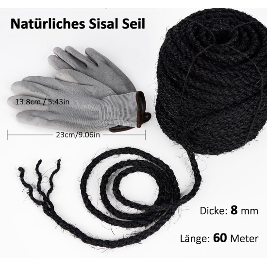 Sisal Rope for Cats, Natural Sisal Rope for Scratching Post 8 mm x 25 m + 1 Grey Pair of Protective Gloves, Black Sisal Rope for Repair and Replacement, Suitable for Garden Decoration, Cat Tree, Cat Sisal Rope for Cats, Natural Sisal Rope for Scratching Post 8 mm x 25 m + 1 Grey Pair of Protective Gloves, Black Sisal Rope for Repair and Replacement, Suitable for Garden Decoration, Cat Tree, Cat