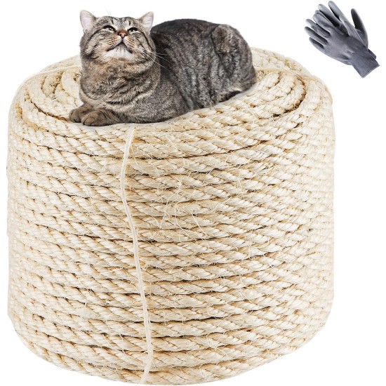 Sisal Rope for Cats, Natural Sisal Rope for Scratching Post 8 mm x 25 m + 1 Grey Pair of Protective Gloves, Black Sisal Rope for Repair and Replacement, Suitable for Garden Decoration, Cat Tree, Cat Sisal Rope for Cats, Natural Sisal Rope for Scratching Post 8 mm x 25 m + 1 Grey Pair of Protective Gloves, Black Sisal Rope for Repair and Replacement, Suitable for Garden Decoration, Cat Tree, Cat