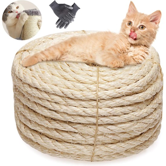Sisal Rope for Cats, Natural Sisal Rope for Scratching Post 8 mm x 25 m + 1 Grey Pair of Protective Gloves, Black Sisal Rope for Repair and Replacement, Suitable for Garden Decoration, Cat Tree, Cat Sisal Rope for Cats, Natural Sisal Rope for Scratching Post 8 mm x 25 m + 1 Grey Pair of Protective Gloves, Black Sisal Rope for Repair and Replacement, Suitable for Garden Decoration, Cat Tree, Cat