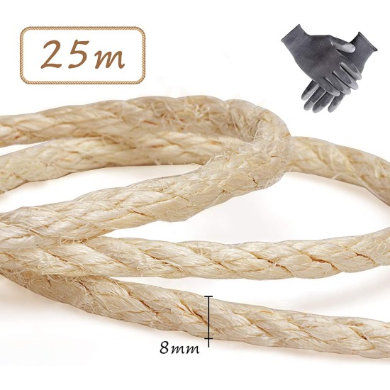 Sisal Rope for Cats, Natural Sisal Rope for Scratching Post 8 mm x 25 m + 1 Grey Pair of Protective Gloves, Black Sisal Rope for Repair and Replacement, Suitable for Garden Decoration, Cat Tree, Cat Sisal Rope for Cats, Natural Sisal Rope for Scratching Post 8 mm x 25 m + 1 Grey Pair of Protective Gloves, Black Sisal Rope for Repair and Replacement, Suitable for Garden Decoration, Cat Tree, Cat