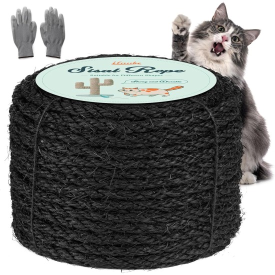 Sisal Rope for Cats, Natural Sisal Rope for Scratching Post 8 mm x 25 m + 1 Grey Pair of Protective Gloves, Black Sisal Rope for Repair and Replacement, Suitable for Garden Decoration, Cat Tree, Cat Sisal Rope for Cats, Natural Sisal Rope for Scratching Post 8 mm x 25 m + 1 Grey Pair of Protective Gloves, Black Sisal Rope for Repair and Replacement, Suitable for Garden Decoration, Cat Tree, Cat