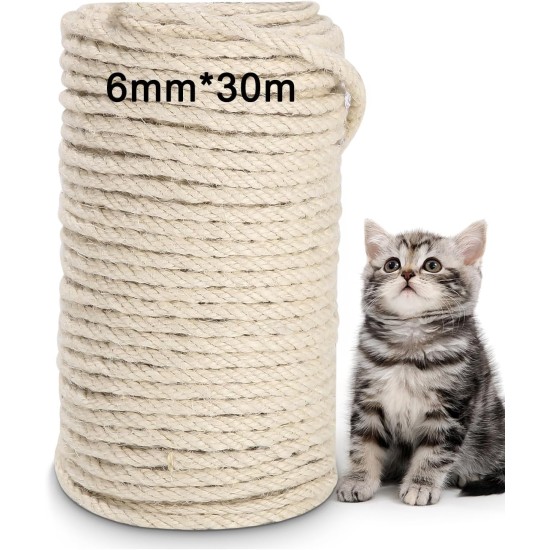 Sisal Rope for Scratching Post 6 mm (30 Metres) Natural White Sisal Rope Multi-Purpose Rope Sisal for Cats Scratching Post Cat Scratching Post Replacement and Accessories for Cats, Household Sisal Rope for Scratching Post 6 mm (30 Metres) Natural White Sisal Rope Multi-Purpose Rope Sisal for Cats Scratching Post Cat Scratching Post Replacement and Accessories for Cats, Household