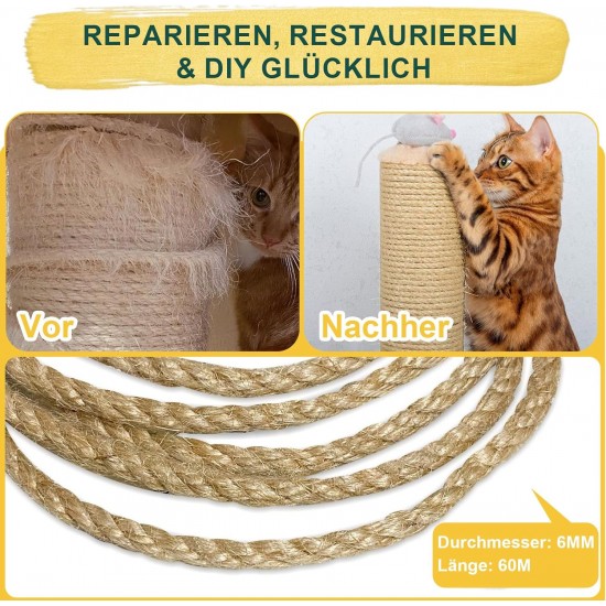 Sisal Rope for Scratching Post, 6 mm x 60 m Sisal Rope, Sisal Scratching Post Cord, Scratching Post Rope for Cats, Scratching Post, Scratching Rope, Household, Garden, DIY, Decoration Sisal Rope for Scratching Post, 6 mm x 60 m Sisal Rope, Sisal Scratching Post Cord, Scratching Post Rope for Cats, Scratching Post, Scratching Rope, Household, Garden, DIY, Decoration