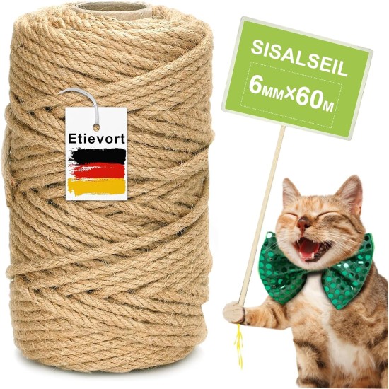 Sisal Rope for Scratching Post, 6 mm x 60 m Sisal Rope, Sisal Scratching Post Cord, Scratching Post Rope for Cats, Scratching Post, Scratching Rope, Household, Garden, DIY, Decoration Sisal Rope for Scratching Post, 6 mm x 60 m Sisal Rope, Sisal Scratching Post Cord, Scratching Post Rope for Cats, Scratching Post, Scratching Rope, Household, Garden, DIY, Decoration