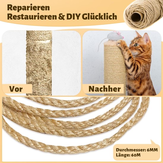 Sisal Rope for Scratching Post, 6 mm x 60 m Sisal Rope, Sisal Scratching Post Cord, Scratching Post Rope for Cats, Scratching Post, Scratching Rope, Household, Garden, DIY, Decoration Sisal Rope for Scratching Post, 6 mm x 60 m Sisal Rope, Sisal Scratching Post Cord, Scratching Post Rope for Cats, Scratching Post, Scratching Rope, Household, Garden, DIY, Decoration