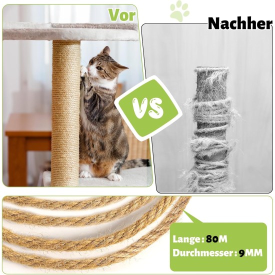 Sisal Rope for Scratching Post, 9 mm x 80 m, Natural Sisal Rope, Sisal Cat Tree Cord Including 3 Cat Toys, Scratching Post Sisal Rope for Cats, Scratching Post, Scratching Rope, Household, DIY, Garden Sisal Rope for Scratching Post, 9 mm x 80 m, Natural Sisal Rope, Sisal Cat Tree Cord Including 3 Cat Toys, Scratching Post Sisal Rope for Cats, Scratching Post, Scratching Rope, Household, DIY, Garden
