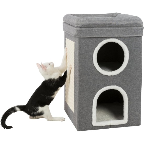 TRIXIE Saul Cat House Cave, 2-Tier Hut Tower, Scratching Surface, Foldable for Easy Storage, Grey TRIXIE Saul Cat House Cave, 2-Tier Hut Tower, Scratching Surface, Foldable for Easy Storage, Grey