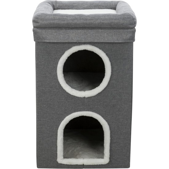 TRIXIE Saul Cat House Cave, 2-Tier Hut Tower, Scratching Surface, Foldable for Easy Storage, Grey