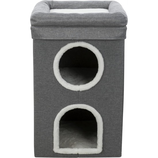 TRIXIE Saul Cat House Cave, 2-Tier Hut Tower, Scratching Surface, Foldable for Easy Storage, Grey