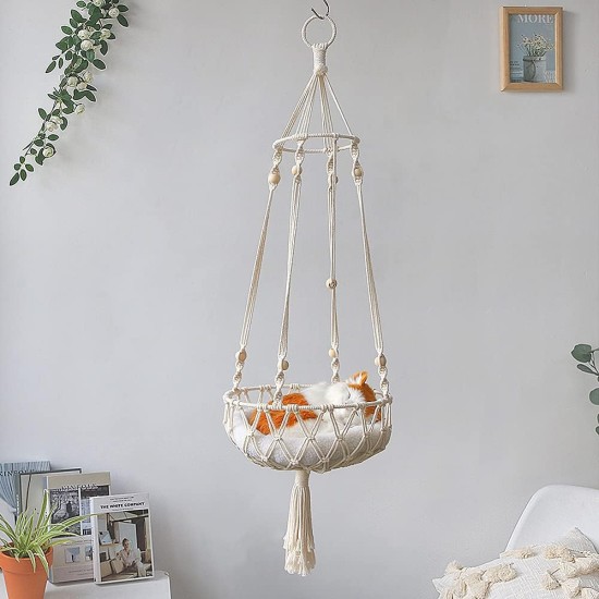 Tiardey Tassel Macrame Hanging Cat Hammock Hand Woven Cat Swing Bed House Cats for Indoor Windows Tiardey Tassel Macrame Hanging Cat Hammock Hand Woven Cat Swing Bed House Cats for Indoor Windows