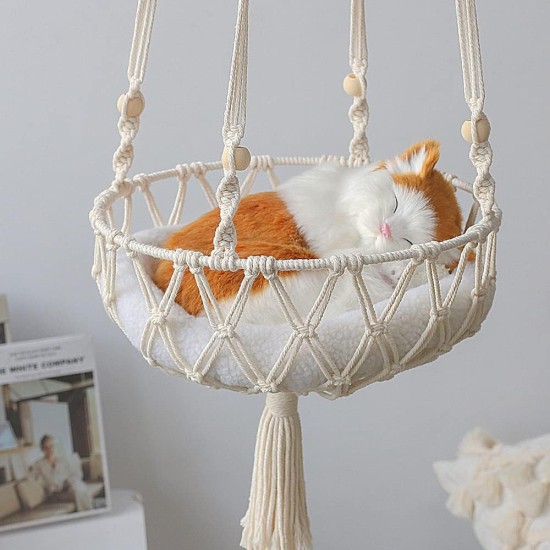 Tiardey Tassel Macrame Hanging Cat Hammock Hand Woven Cat Swing Bed House Cats for Indoor Windows Tiardey Tassel Macrame Hanging Cat Hammock Hand Woven Cat Swing Bed House Cats for Indoor Windows
