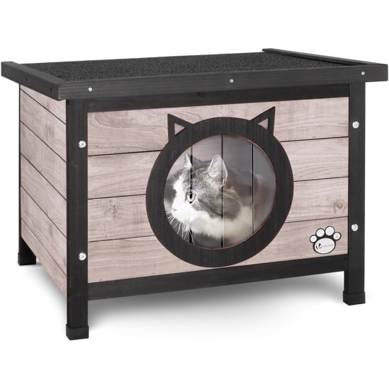 VOUNOT® Wooden Cat House, Weatherproof Cat House with Swing Door in Cat Ear Design & Height-Adjustable Feet, Cat House for Outdoors, Grey, 57 x 45 x 43 cm VOUNOT® Wooden Cat House, Weatherproof Cat House with Swing Door in Cat Ear Design & Height-Adjustable Feet, Cat House for Outdoors, Grey, 57 x 45 x 43 cm