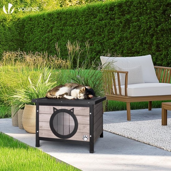 VOUNOT® Wooden Cat House, Weatherproof Cat House with Swing Door in Cat Ear Design & Height-Adjustable Feet, Cat House for Outdoors, Grey, 57 x 45 x 43 cm VOUNOT® Wooden Cat House, Weatherproof Cat House with Swing Door in Cat Ear Design & Height-Adjustable Feet, Cat House for Outdoors, Grey, 57 x 45 x 43 cm