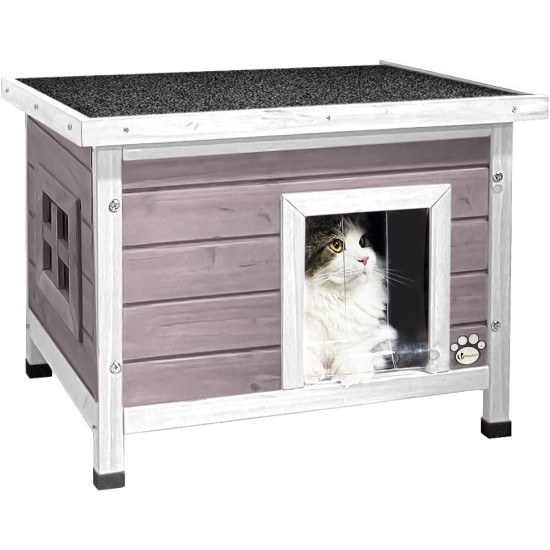 VOUNOT® Wooden Cat House, Weatherproof Cat House with Swing Door in Cat Ear Design & Height-Adjustable Feet, Cat House for Outdoors, Grey, 57 x 45 x 43 cm VOUNOT® Wooden Cat House, Weatherproof Cat House with Swing Door in Cat Ear Design & Height-Adjustable Feet, Cat House for Outdoors, Grey, 57 x 45 x 43 cm