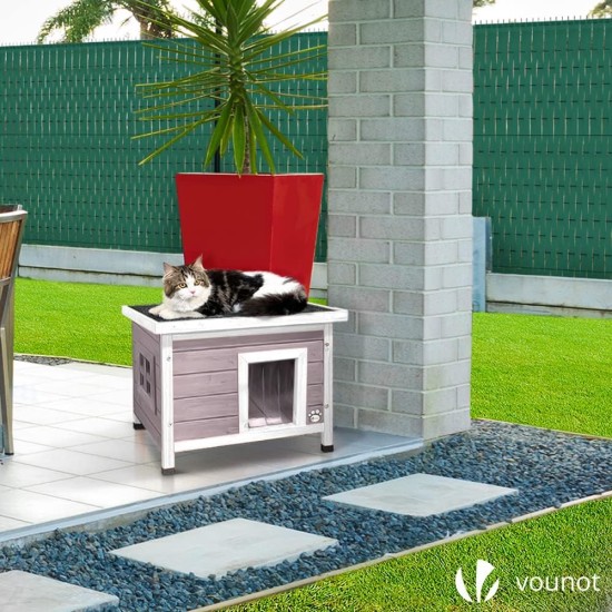 VOUNOT® Wooden Cat House, Weatherproof Cat House with Swing Door in Cat Ear Design & Height-Adjustable Feet, Cat House for Outdoors, Grey, 57 x 45 x 43 cm VOUNOT® Wooden Cat House, Weatherproof Cat House with Swing Door in Cat Ear Design & Height-Adjustable Feet, Cat House for Outdoors, Grey, 57 x 45 x 43 cm
