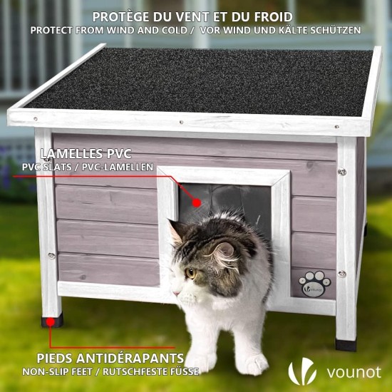 VOUNOT® Wooden Cat House, Weatherproof Cat House with Swing Door in Cat Ear Design & Height-Adjustable Feet, Cat House for Outdoors, Grey, 57 x 45 x 43 cm VOUNOT® Wooden Cat House, Weatherproof Cat House with Swing Door in Cat Ear Design & Height-Adjustable Feet, Cat House for Outdoors, Grey, 57 x 45 x 43 cm