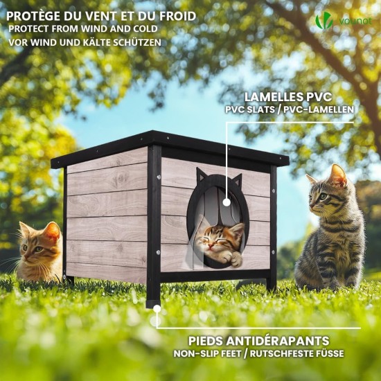 VOUNOT® Wooden Cat House, Weatherproof Cat House with Swing Door in Cat Ear Design & Height-Adjustable Feet, Cat House for Outdoors, Grey, 57 x 45 x 43 cm VOUNOT® Wooden Cat House, Weatherproof Cat House with Swing Door in Cat Ear Design & Height-Adjustable Feet, Cat House for Outdoors, Grey, 57 x 45 x 43 cm
