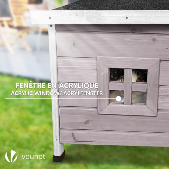 VOUNOT® Wooden Cat House, Weatherproof Cat House with Swing Door in Cat Ear Design & Height-Adjustable Feet, Cat House for Outdoors, Grey, 57 x 45 x 43 cm VOUNOT® Wooden Cat House, Weatherproof Cat House with Swing Door in Cat Ear Design & Height-Adjustable Feet, Cat House for Outdoors, Grey, 57 x 45 x 43 cm