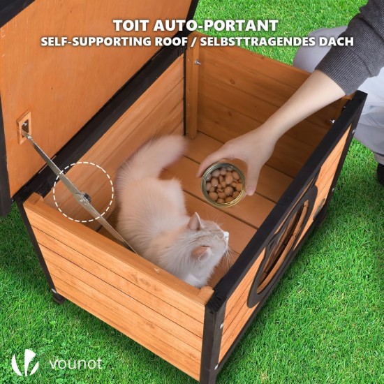 VOUNOT® Wooden Cat House, Weatherproof Cat House with Swing Door in Cat Ear Design & Height-Adjustable Feet, Cat House for Outdoors, Grey, 57 x 45 x 43 cm VOUNOT® Wooden Cat House, Weatherproof Cat House with Swing Door in Cat Ear Design & Height-Adjustable Feet, Cat House for Outdoors, Grey, 57 x 45 x 43 cm