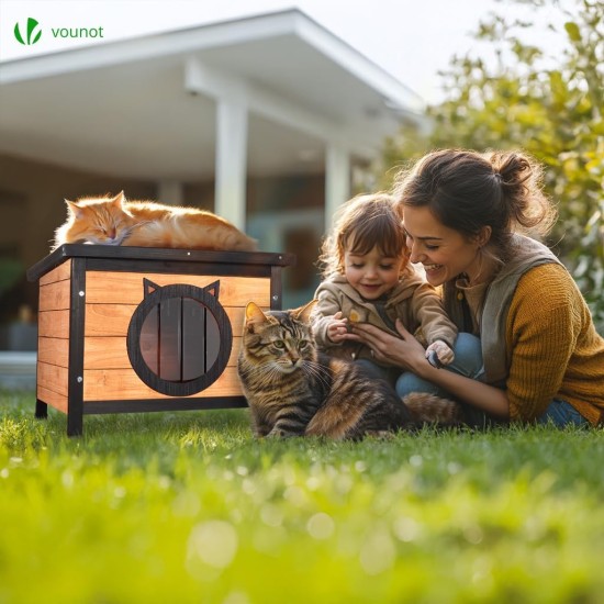 VOUNOT® Wooden Cat House, Weatherproof Cat House with Swing Door in Cat Ear Design & Height-Adjustable Feet, Cat House for Outdoors, Grey, 57 x 45 x 43 cm VOUNOT® Wooden Cat House, Weatherproof Cat House with Swing Door in Cat Ear Design & Height-Adjustable Feet, Cat House for Outdoors, Grey, 57 x 45 x 43 cm