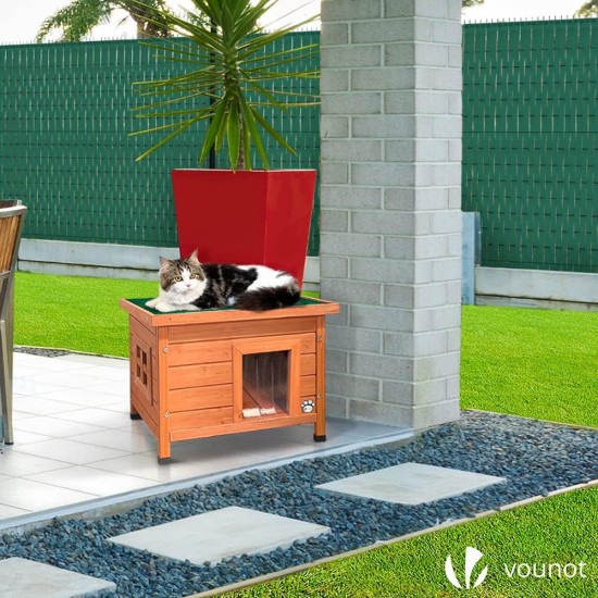 VOUNOT® Wooden Cat House, Weatherproof Cat House with Swing Door in Cat Ear Design & Height-Adjustable Feet, Cat House for Outdoors, Grey, 57 x 45 x 43 cm VOUNOT® Wooden Cat House, Weatherproof Cat House with Swing Door in Cat Ear Design & Height-Adjustable Feet, Cat House for Outdoors, Grey, 57 x 45 x 43 cm
