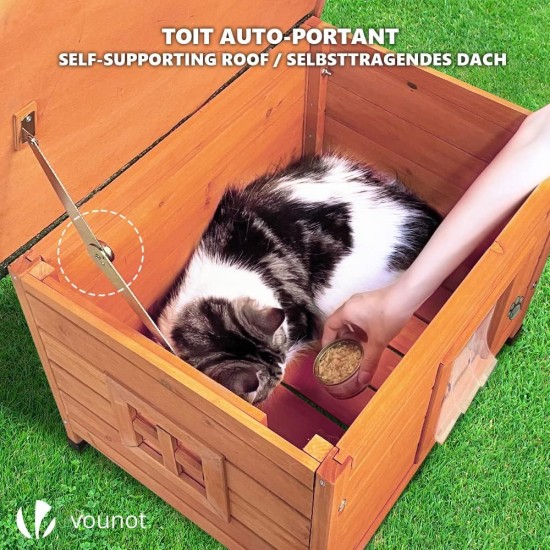 VOUNOT® Wooden Cat House, Weatherproof Cat House with Swing Door in Cat Ear Design & Height-Adjustable Feet, Cat House for Outdoors, Grey, 57 x 45 x 43 cm VOUNOT® Wooden Cat House, Weatherproof Cat House with Swing Door in Cat Ear Design & Height-Adjustable Feet, Cat House for Outdoors, Grey, 57 x 45 x 43 cm