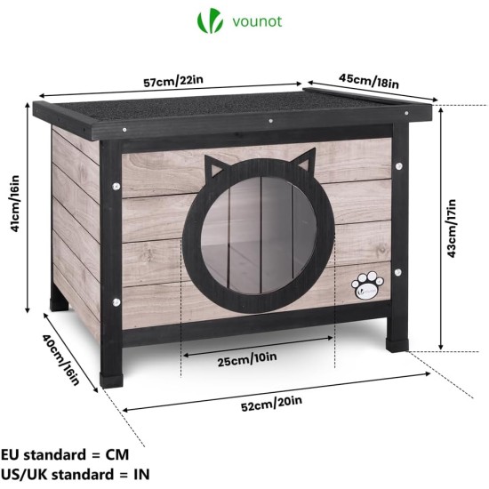 VOUNOT® Wooden Cat House, Weatherproof Cat House with Swing Door in Cat Ear Design & Height-Adjustable Feet, Cat House for Outdoors, Grey, 57 x 45 x 43 cm VOUNOT® Wooden Cat House, Weatherproof Cat House with Swing Door in Cat Ear Design & Height-Adjustable Feet, Cat House for Outdoors, Grey, 57 x 45 x 43 cm