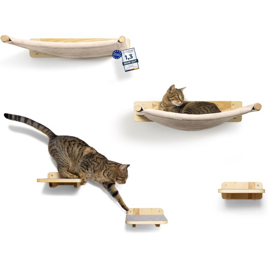 WOOWOOD® Climbing Wall Cats Including 2 x Cat Stairs Wall [Solid Wood] I Cat Scratching Post I Hammock Cat I Wall Scratching Post I Cat Furniture I Cat Wall I Cat Climbing Wall Set (5 Pieces)