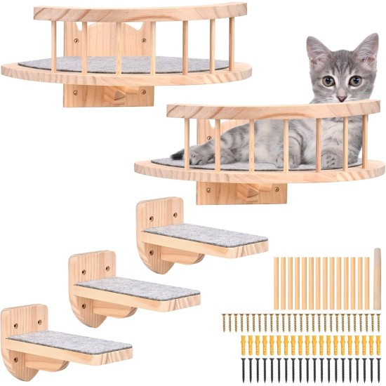 Wall Mounted Cat Hammock, 2 Pieces Cat Shelves and Cat Perch for Wall, Cat Wall Furniture with 3 Cat Wall Steps, Solid Wood Cat Hammock Covered with Plush for Climbing Sleeping Play Wall Mounted Cat Hammock, 2 Pieces Cat Shelves and Cat Perch for Wall, Cat Wall Furniture with 3 Cat Wall Steps, Solid Wood Cat Hammock Covered with Plush for Climbing Sleeping Play