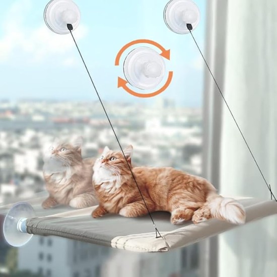 Window Cat Hammock Up to 25 kg, 55 x 35 cm, Window Lounger, Khaki-Coloured, Reinforced Window Seat with Strong Suction Cup, Washable Hanging Bed