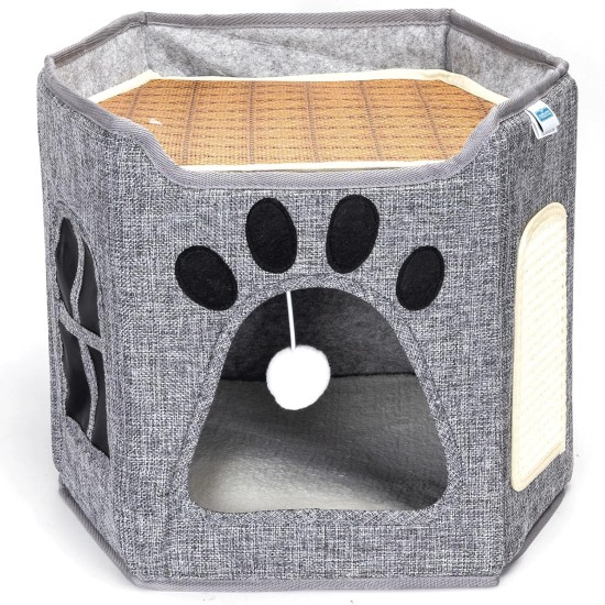 Zusammenklappbares Katzenbett mit Kratzbrett, kompaktes und funktionales Design, ideal zum Ausruhen und Spielen in Engen Räumen. Zusammenklappbares Katzenbett mit Kratzbrett, kompaktes und funktionales Design, ideal zum Ausruhen und Spielen in Engen Räumen.