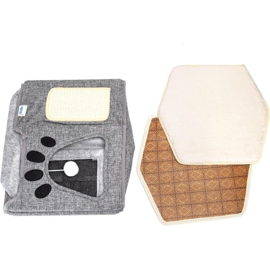 Zusammenklappbares Katzenbett mit Kratzbrett, kompaktes und funktionales Design, ideal zum Ausruhen und Spielen in Engen Räumen. Zusammenklappbares Katzenbett mit Kratzbrett, kompaktes und funktionales Design, ideal zum Ausruhen und Spielen in Engen Räumen.