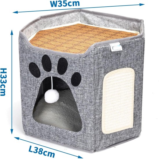 Zusammenklappbares Katzenbett mit Kratzbrett, kompaktes und funktionales Design, ideal zum Ausruhen und Spielen in Engen Räumen. Zusammenklappbares Katzenbett mit Kratzbrett, kompaktes und funktionales Design, ideal zum Ausruhen und Spielen in Engen Räumen.