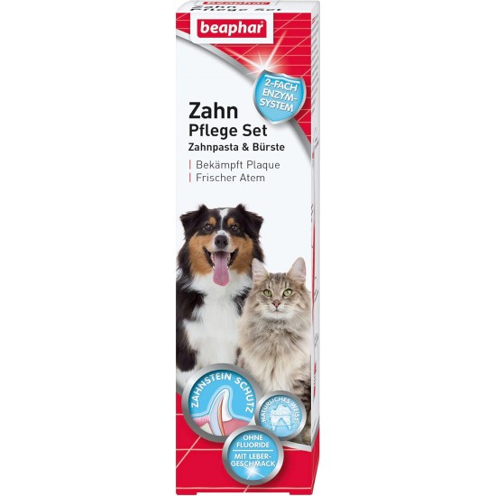 BEAPHAR - Dental care set for dogs and cats - double head toothbrush and toothpaste - combats plaque and tartar - with liver flavour - without fluorides - set with 1 toothbrush + 100 g toothpaste BEAPHAR - Dental care set for dogs and cats - double head toothbrush and toothpaste - combats plaque and tartar - with liver flavour - without fluorides - set with 1 toothbrush + 100 g toothpaste