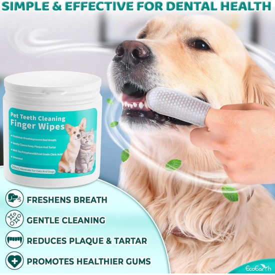EcoEarth - Teeth Cleaning Wipes for Dogs & Cats - Pet Dental Care Finger Pads for Fresh Breath & Oral Hygiene - Embossed Pattern & Nano Plastic Dots for Removing Plaque & Tartar - 50 EcoEarth - Teeth Cleaning Wipes for Dogs & Cats - Pet Dental Care Finger Pads for Fresh Breath & Oral Hygiene - Embossed Pattern & Nano Plastic Dots for Removing Plaque & Tartar - 50