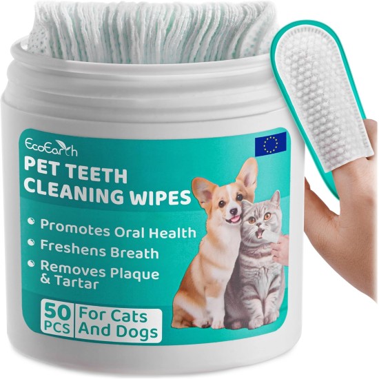 EcoEarth - Teeth Cleaning Wipes for Dogs & Cats - Pet Dental Care Finger Pads for Fresh Breath & Oral Hygiene - Embossed Pattern & Nano Plastic Dots for Removing Plaque & Tartar - 50