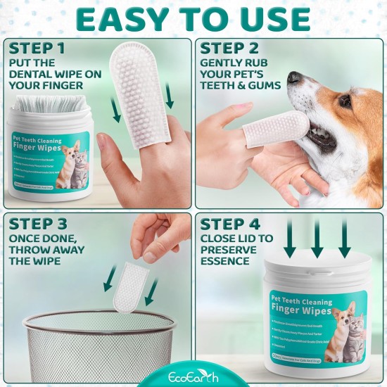 EcoEarth - Teeth Cleaning Wipes for Dogs & Cats - Pet Dental Care Finger Pads for Fresh Breath & Oral Hygiene - Embossed Pattern & Nano Plastic Dots for Removing Plaque & Tartar - 50 EcoEarth - Teeth Cleaning Wipes for Dogs & Cats - Pet Dental Care Finger Pads for Fresh Breath & Oral Hygiene - Embossed Pattern & Nano Plastic Dots for Removing Plaque & Tartar - 50