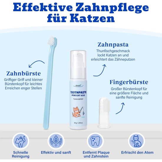 Oivolii Toothpaste Cat with Tuna Flavour (30 g) and 2 Toothbrushes, Cat Dental Care Set, Gentle Formula, Fresh Breath and Good for Teeth Oivolii Toothpaste Cat with Tuna Flavour (30 g) and 2 Toothbrushes, Cat Dental Care Set, Gentle Formula, Fresh Breath and Good for Teeth
