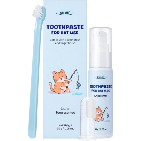 Oivolii Toothpaste Cat with Tuna Flavour (30 g) and 2 Toothbrushes, Cat Dental Care Set, Gentle Formula, Fresh Breath and Good for Teeth Oivolii Toothpaste Cat with Tuna Flavour (30 g) and 2 Toothbrushes, Cat Dental Care Set, Gentle Formula, Fresh Breath and Good for Teeth