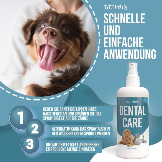 Petsly® Dental Spray for Dogs and Cats – 250 ml – Fresh Mint – No Rinsing or Brushing – Against Tartar and Bad Breath – Dental Care Dog & Cat with Triple Effect Petsly® Dental Spray for Dogs and Cats – 250 ml – Fresh Mint – No Rinsing or Brushing – Against Tartar and Bad Breath – Dental Care Dog & Cat with Triple Effect