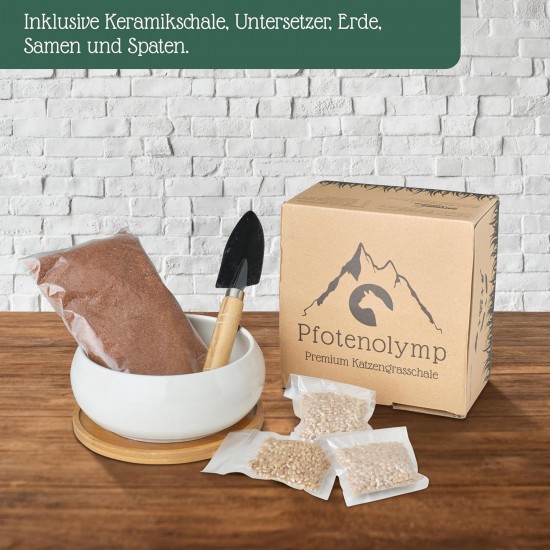 Pfotenolymp Cat Grass Bowl Set - Includes Ceramic Bowl, Bamboo Saucer, Coconut Soil, Seeds and Small Spade, Germination Jar for Sprouts - Plant Set Ready with Seeds, Soil and Pot for Cats Pfotenolymp Cat Grass Bowl Set - Includes Ceramic Bowl, Bamboo Saucer, Coconut Soil, Seeds and Small Spade, Germination Jar for Sprouts - Plant Set Ready with Seeds, Soil and Pot for Cats