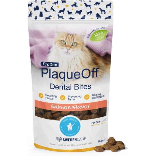ProDen PlaqueOff Dental Bites für Katzen – Entfernt Zahnstein & schlechten Atem – 100% natürliche Zahnreinigung – Fördert die allgemeine Mundgesundheit – Geschmack: Lachs – 60 g ProDen PlaqueOff Dental Bites für Katzen – Entfernt Zahnstein & schlechten Atem – 100% natürliche Zahnreinigung – Fördert die allgemeine Mundgesundheit – Geschmack: Lachs – 60 g