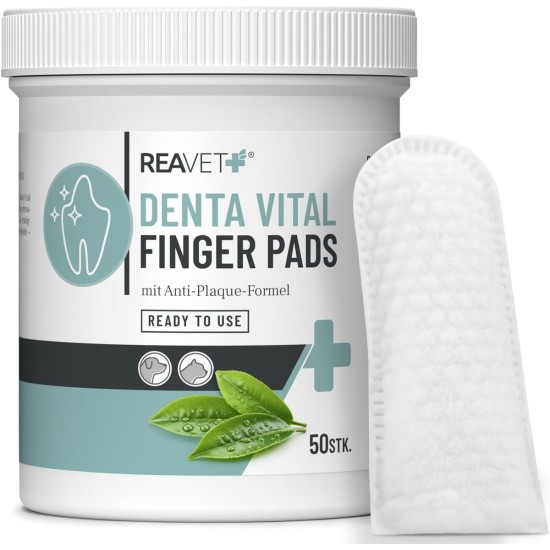 ReaVET Denta Vital - Dental Care Finger Pads for Dogs & Cats Pack of 50 - Teeth Cleaning, Dental Care without Toothbrush Tartar Remover I Finger Pads, Finger Cots Against Bad Breath ReaVET Denta Vital - Dental Care Finger Pads for Dogs & Cats Pack of 50 - Teeth Cleaning, Dental Care without Toothbrush Tartar Remover I Finger Pads, Finger Cots Against Bad Breath