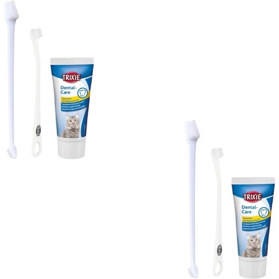 TRIXIE Dental Care Set for Cats | Double Pack | 2 x 50g | For Cat Dental Care | Includes Cheese Aroma Toothpaste and Two Toothbrushes with Three Different Heads TRIXIE Dental Care Set for Cats | Double Pack | 2 x 50g | For Cat Dental Care | Includes Cheese Aroma Toothpaste and Two Toothbrushes with Three Different Heads