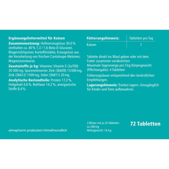almapharm ImmuStim K 72 Tablets Supplementary Feed for Cats Vital Substances for the Immune System to Support the Immune System Contains Beta Glucans almapharm ImmuStim K 72 Tablets Supplementary Feed for Cats Vital Substances for the Immune System to Support the Immune System Contains Beta Glucans