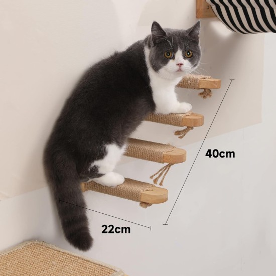 FUKUMARU Climbing Wall for Cats, Cat Stairs, Wall Lounger, Made of Solid Rubber Wood, for Cats up to 15 kg, with Jute Rope for Scratching From Left to Right FUKUMARU Climbing Wall for Cats, Cat Stairs, Wall Lounger, Made of Solid Rubber Wood, for Cats up to 15 kg, with Jute Rope for Scratching From Left to Right